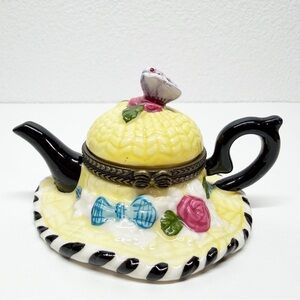 Vintage Ceramic Teapot Garden Straw Hat Trinket Box
